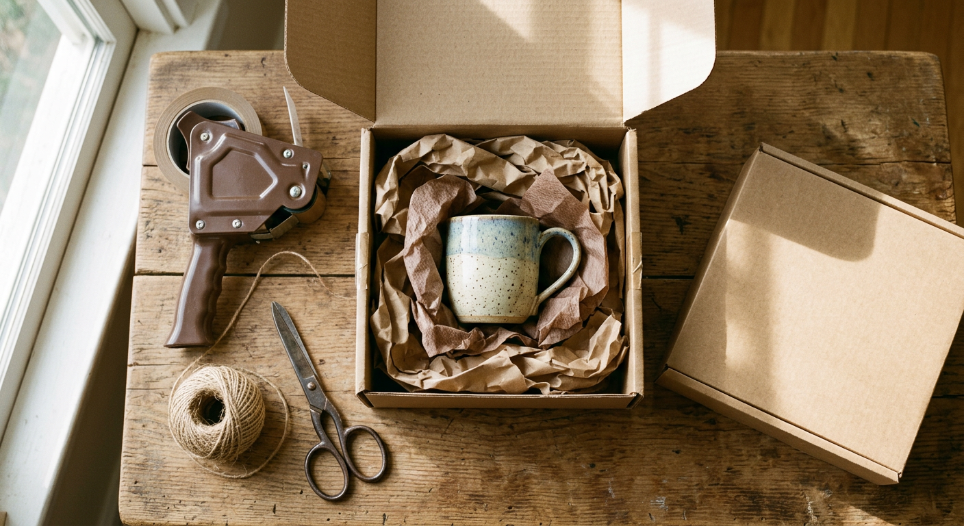 A handmade ceramic mug being packed into a shipping box on a wooden desk, with tape, twine and scissors nearby